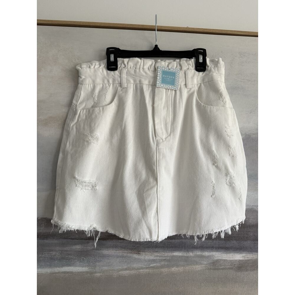 HAYDEN LOS ANGELES Womens Denim Skirt White Distressed Paperbag Waist Medium